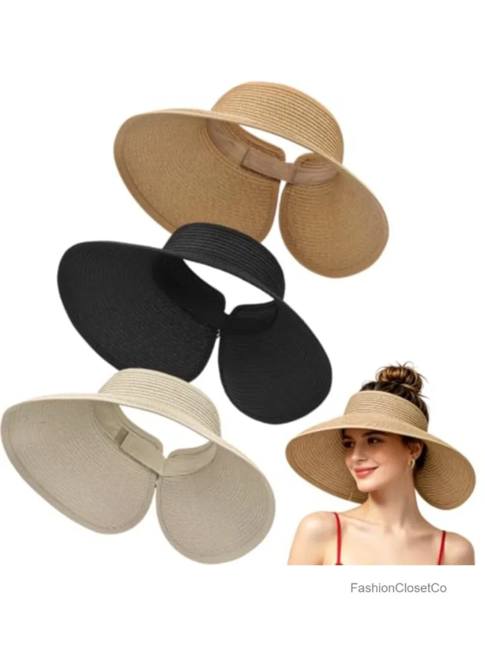 Wide Brim Sun Visor with UV Protection, Adjustable Velcro, Foldable Straw